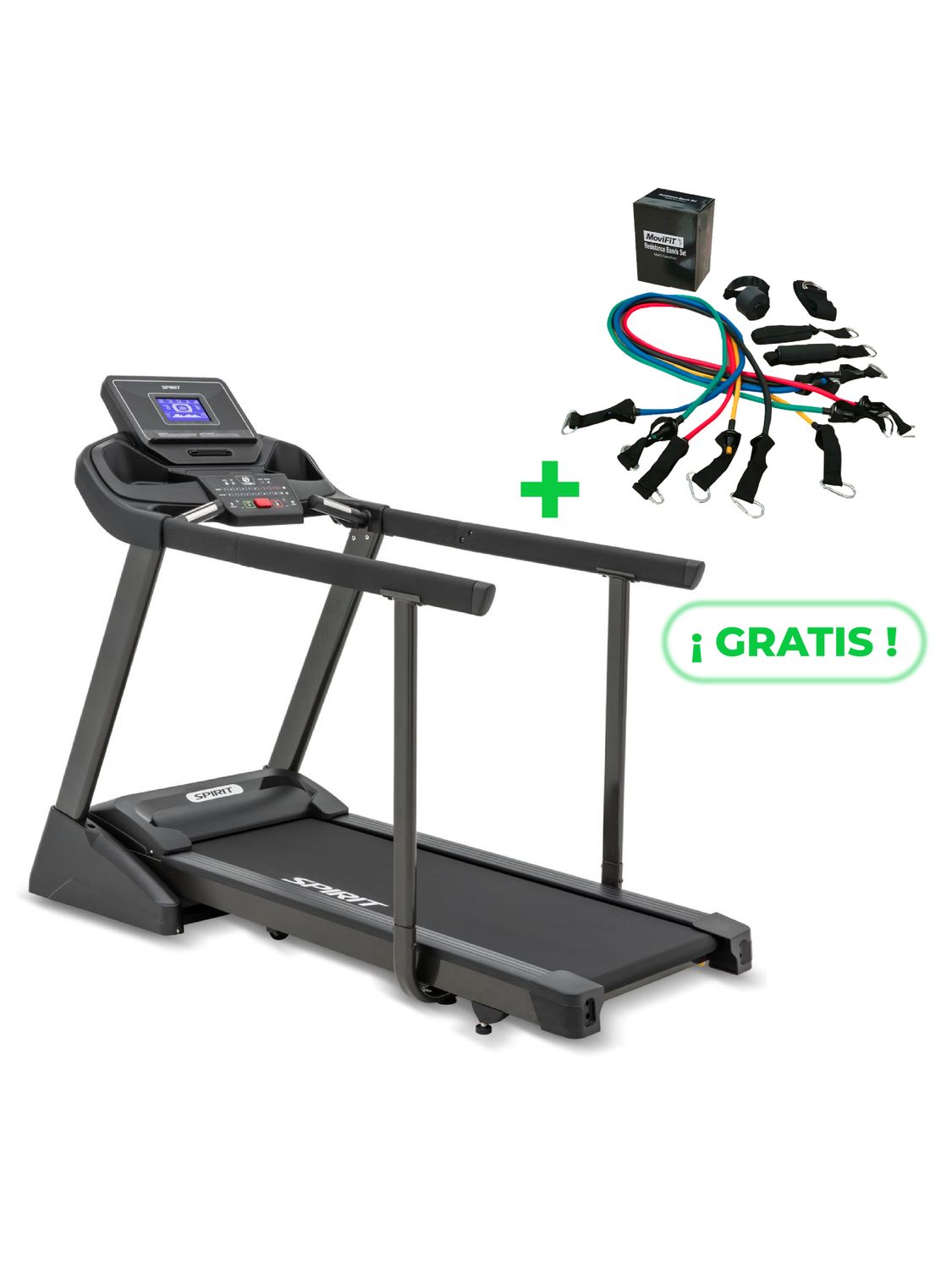 XT185 TROTADORA CON PASAMANOS DE APOYO SPIRIT FITNESS (MOTOR 3.0 HP) + SET DE BANDAS TUBULARES
