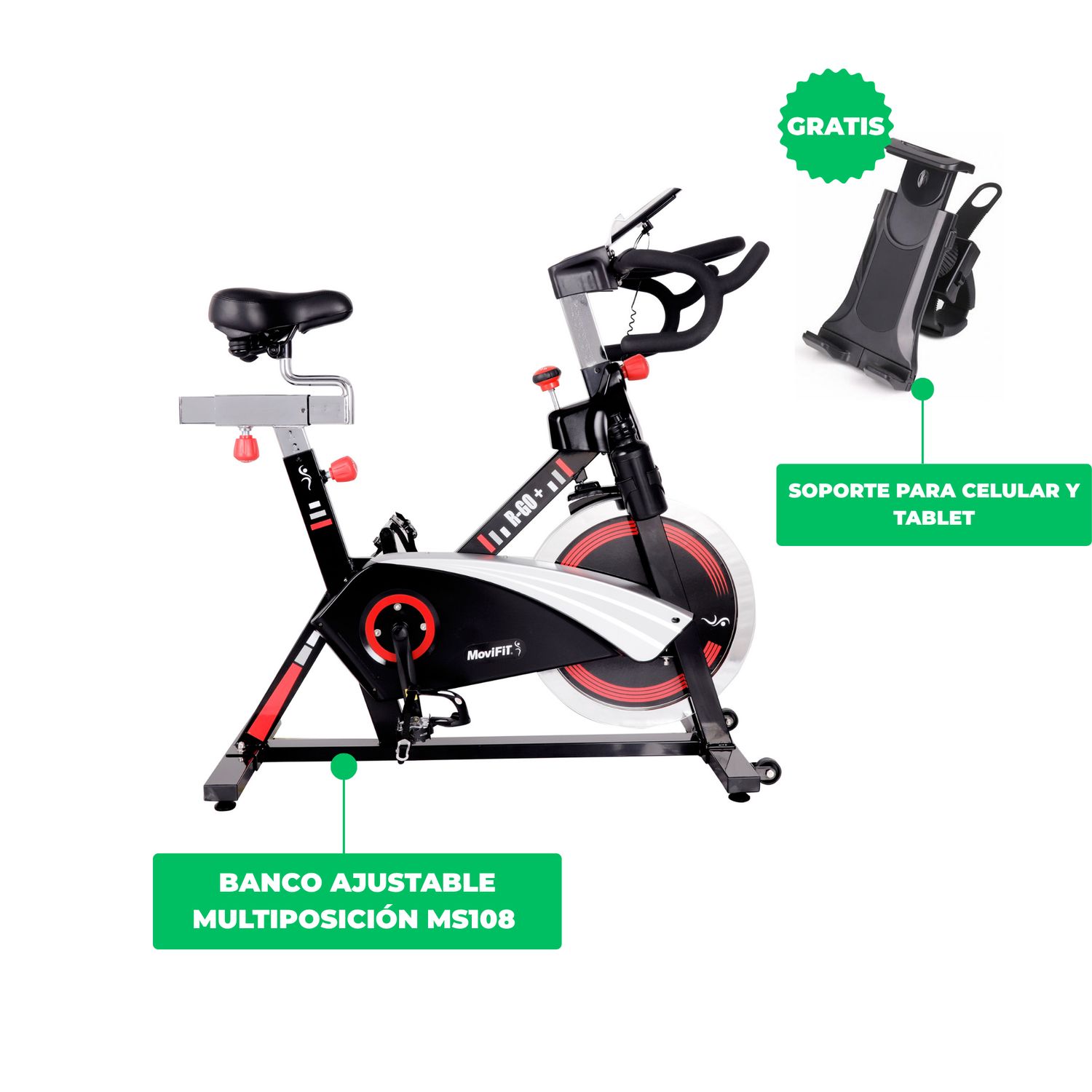 Bicicleta Spinning R-GO+ GRATIS: Soporte para Celular, Volante 18 Kg, Tracción Banda, Resistencia Magnética Premium