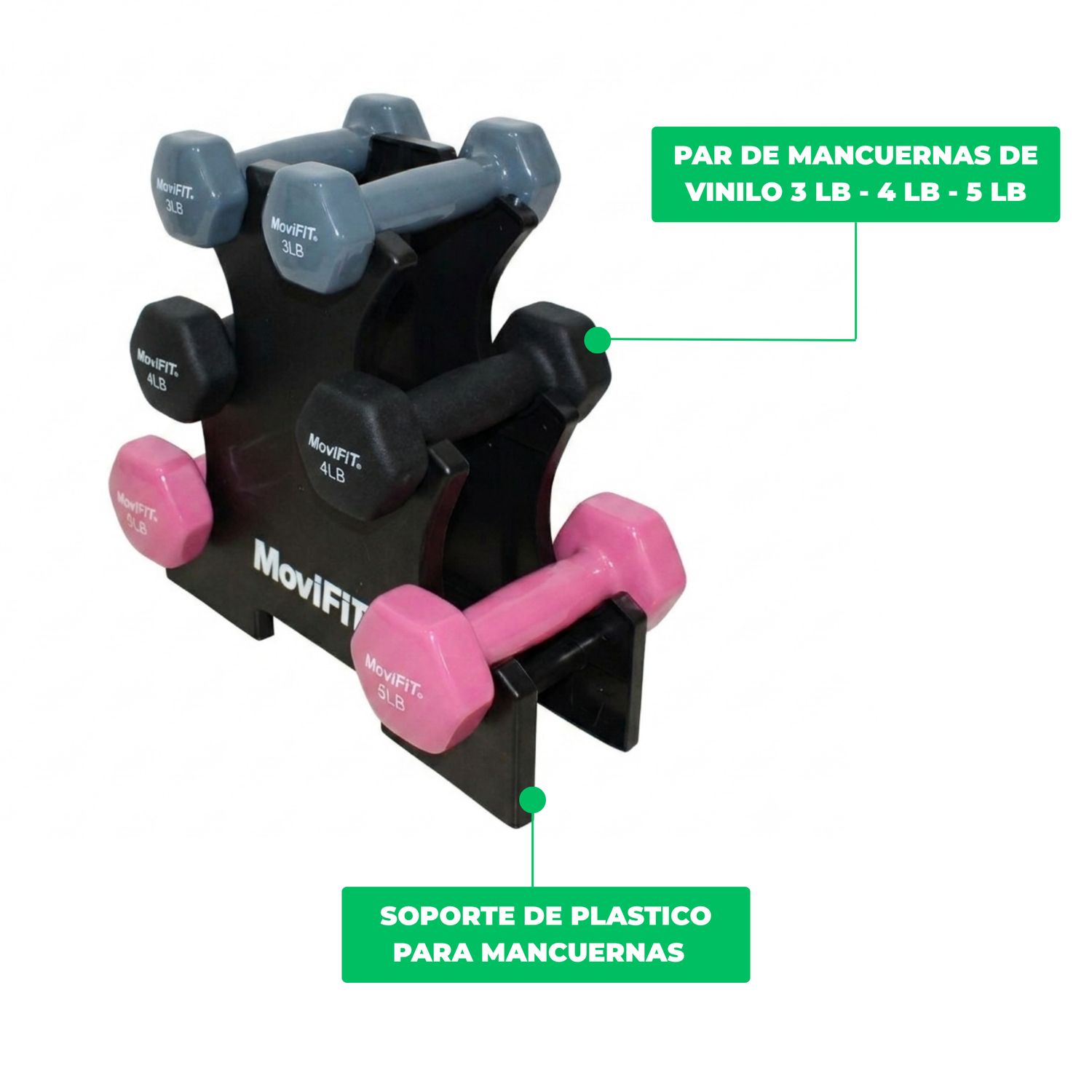COMBO: Soporte Plástico 3 Niveles Mancuernas Vinilo - Mancuernas Incluidas