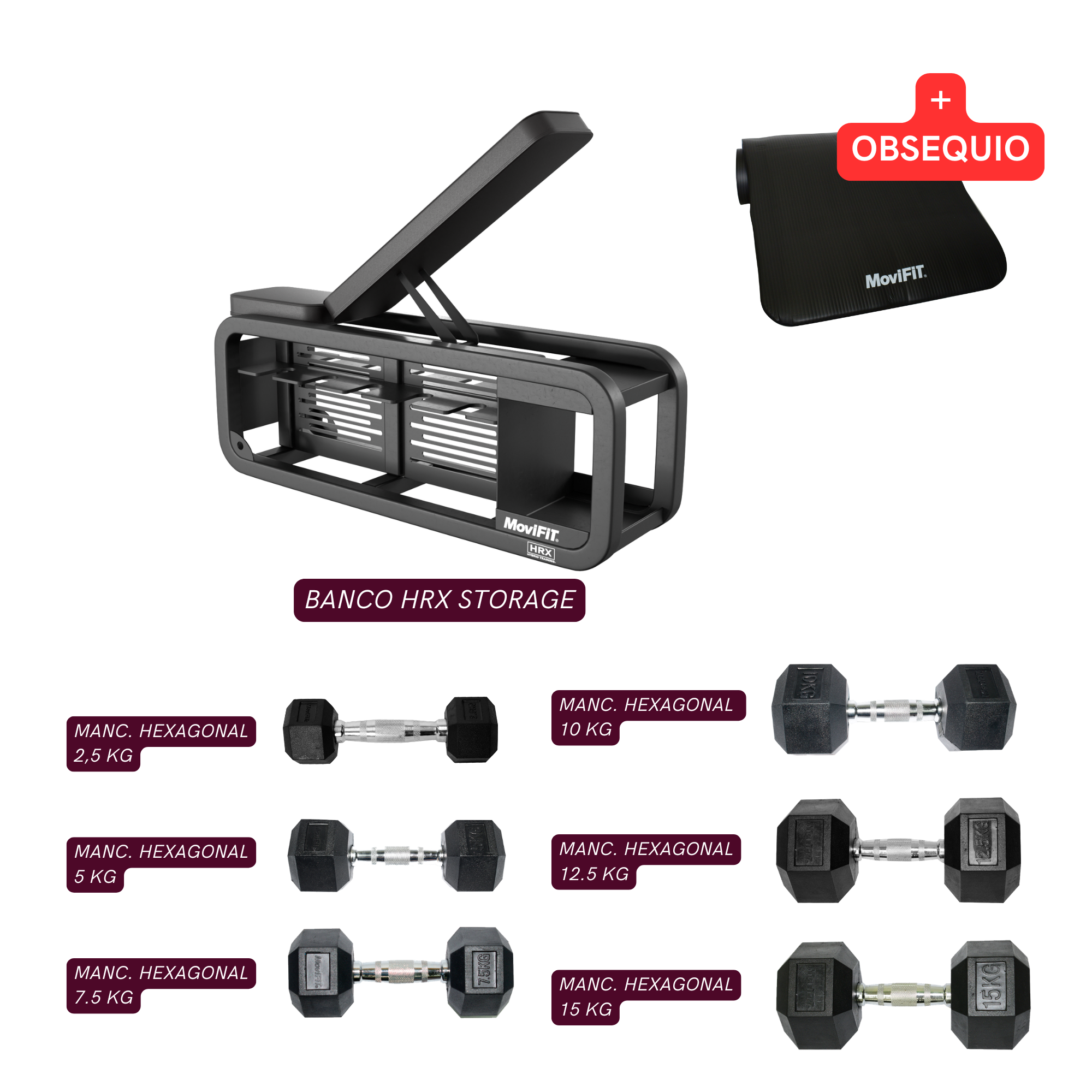 COMBO Banco Multifuncional +Man. Hexagonales de 2.5 KG a 15 KG, GRATIS: Colchoneta negra NBR