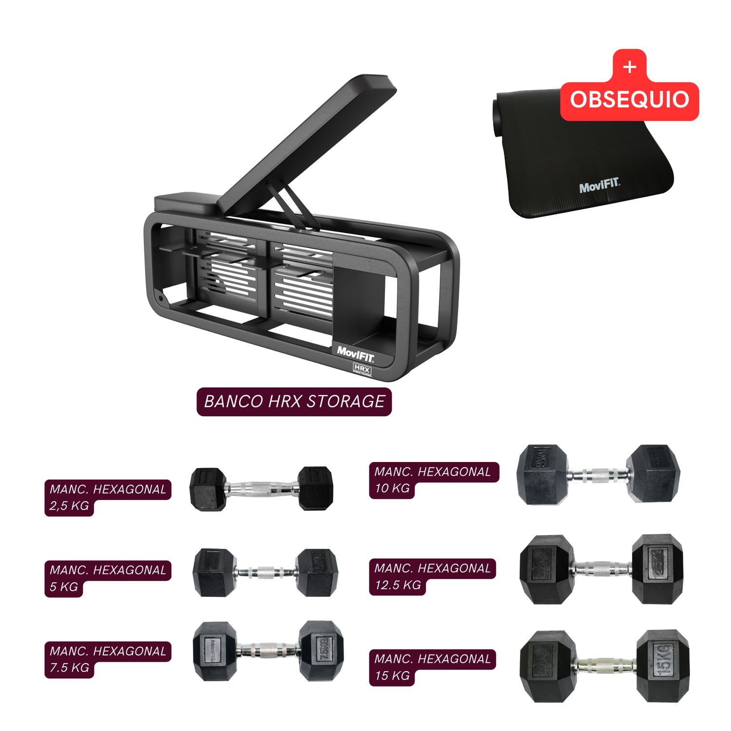 COMBO Banco Multifuncional +Man. Hexagonales de 2.5 KG a 15 KG, GRATIS: Colchoneta negra NBR