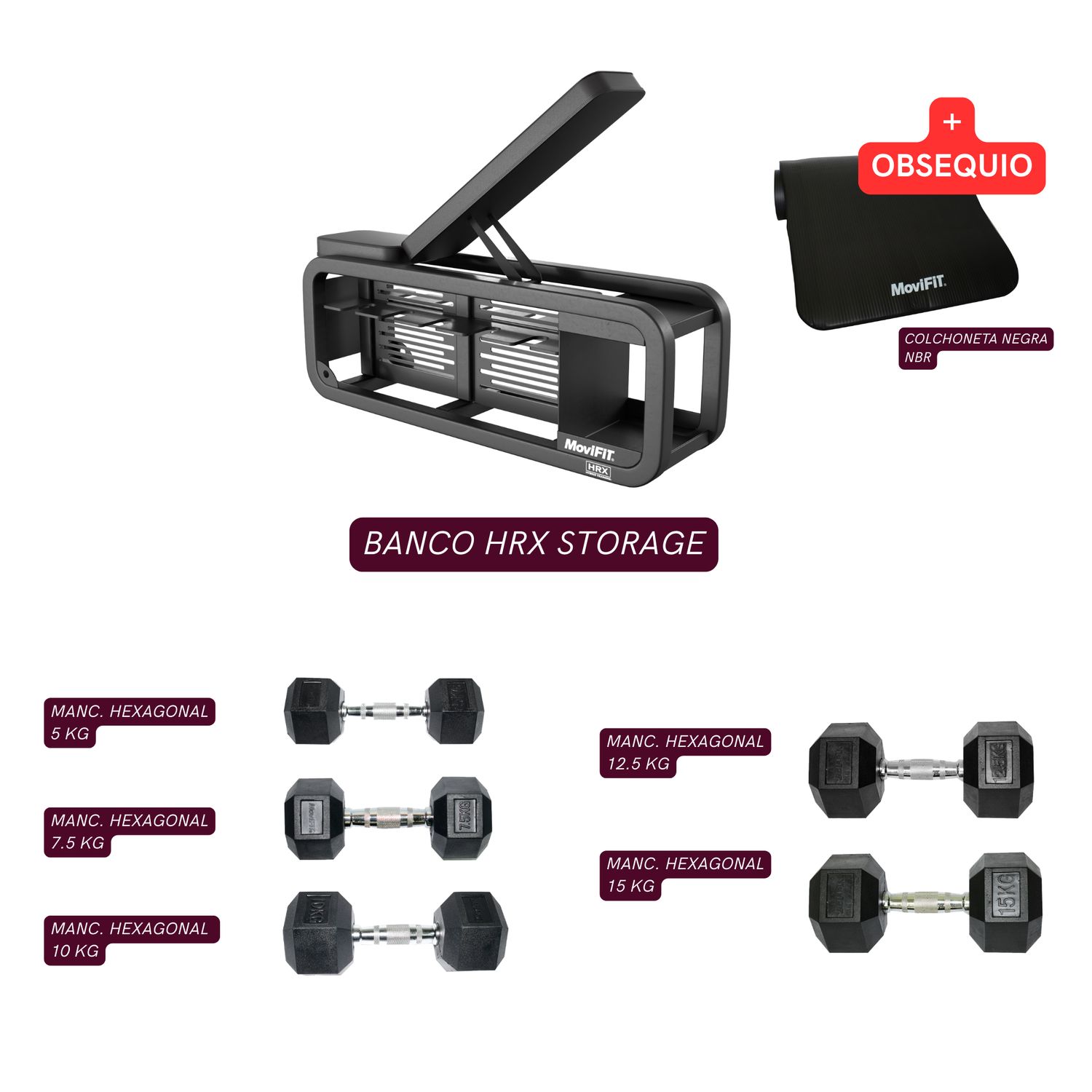 COMBO Banco Multifuncional +Man. Hexagonales de 5.0 KG a 15 KG, GRATIS: Colchoneta negra NBR