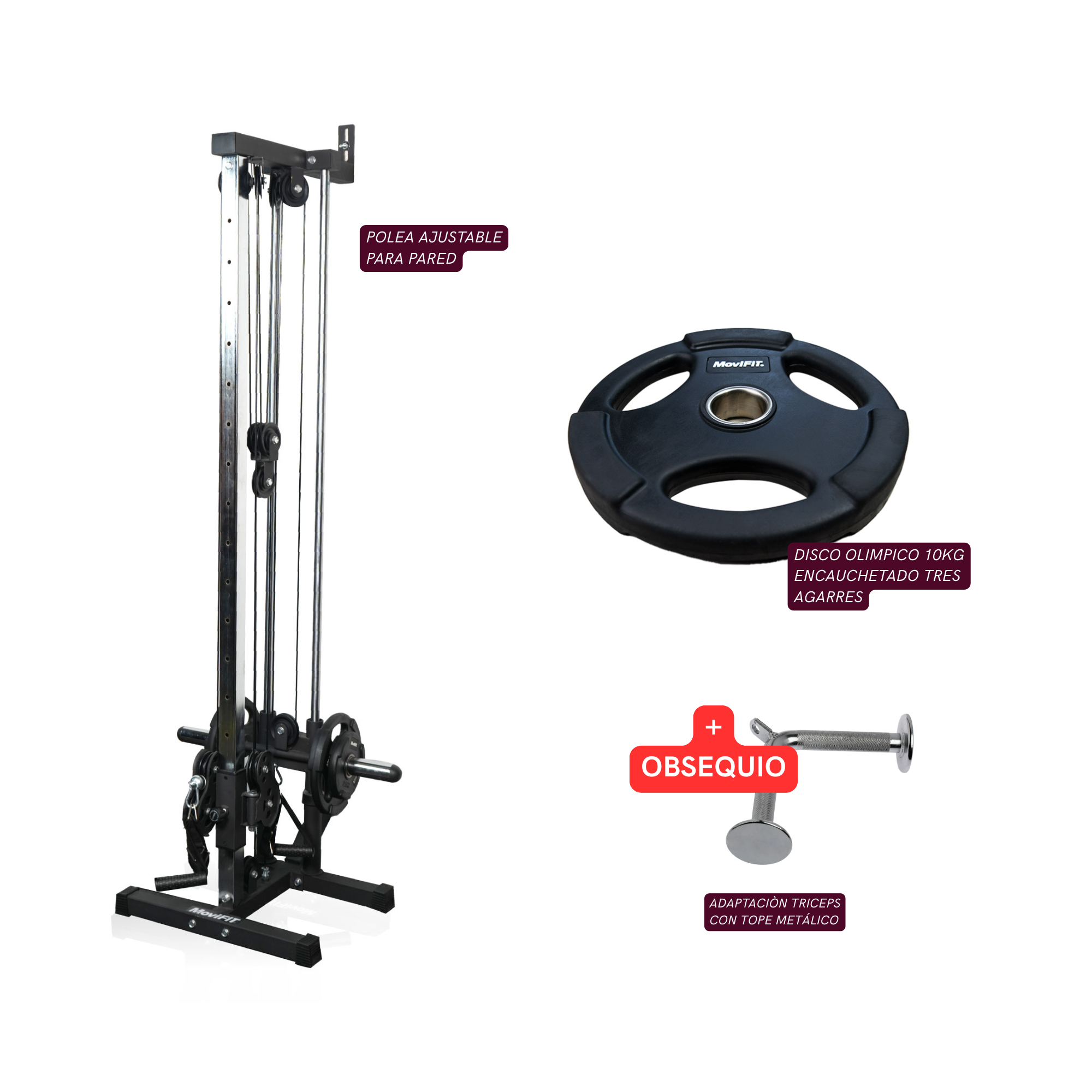 COMBO Polea Ajustable para Pared + Disco Olimpico 10 Kg Encauchetado 3 Agarres GRATIS: Adaptación Triceps con Tope Metálico