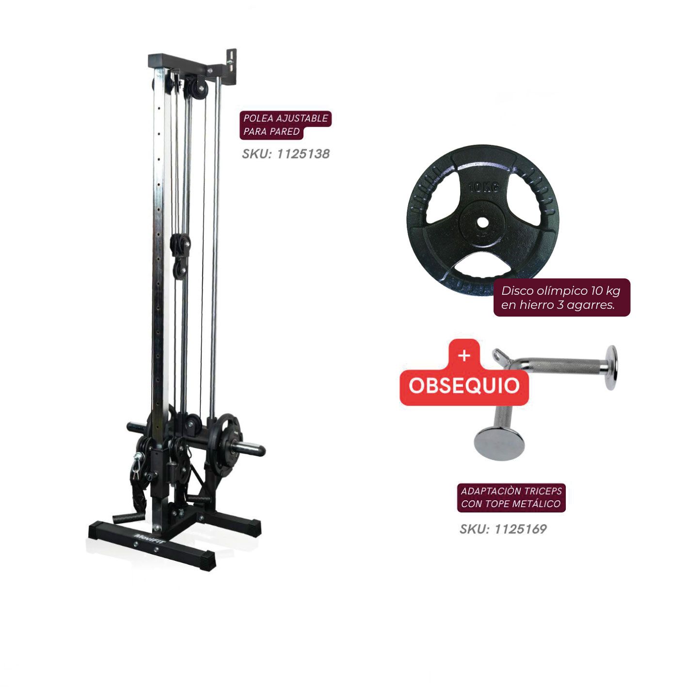 COMBO Polea Ajustable para Pared + Disco Olimpico 10 Kg en Hierro 3 Agarres GRATIS: Adaptación Triceps con Tope Metálico