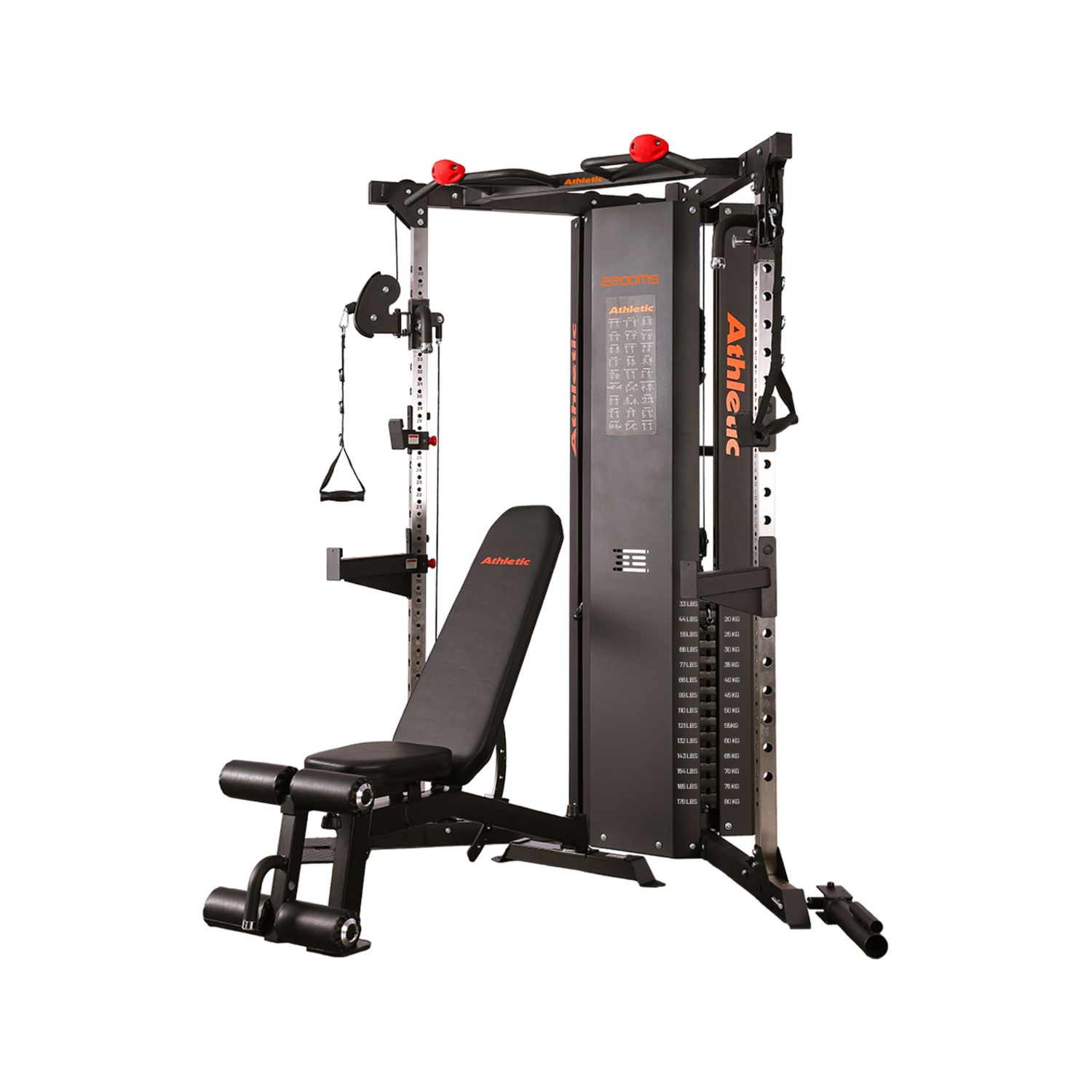 Multigimnasio Polea Dual Premium 2200MS + Banco Multiposición 2 Torres x 80Kg Accesorios