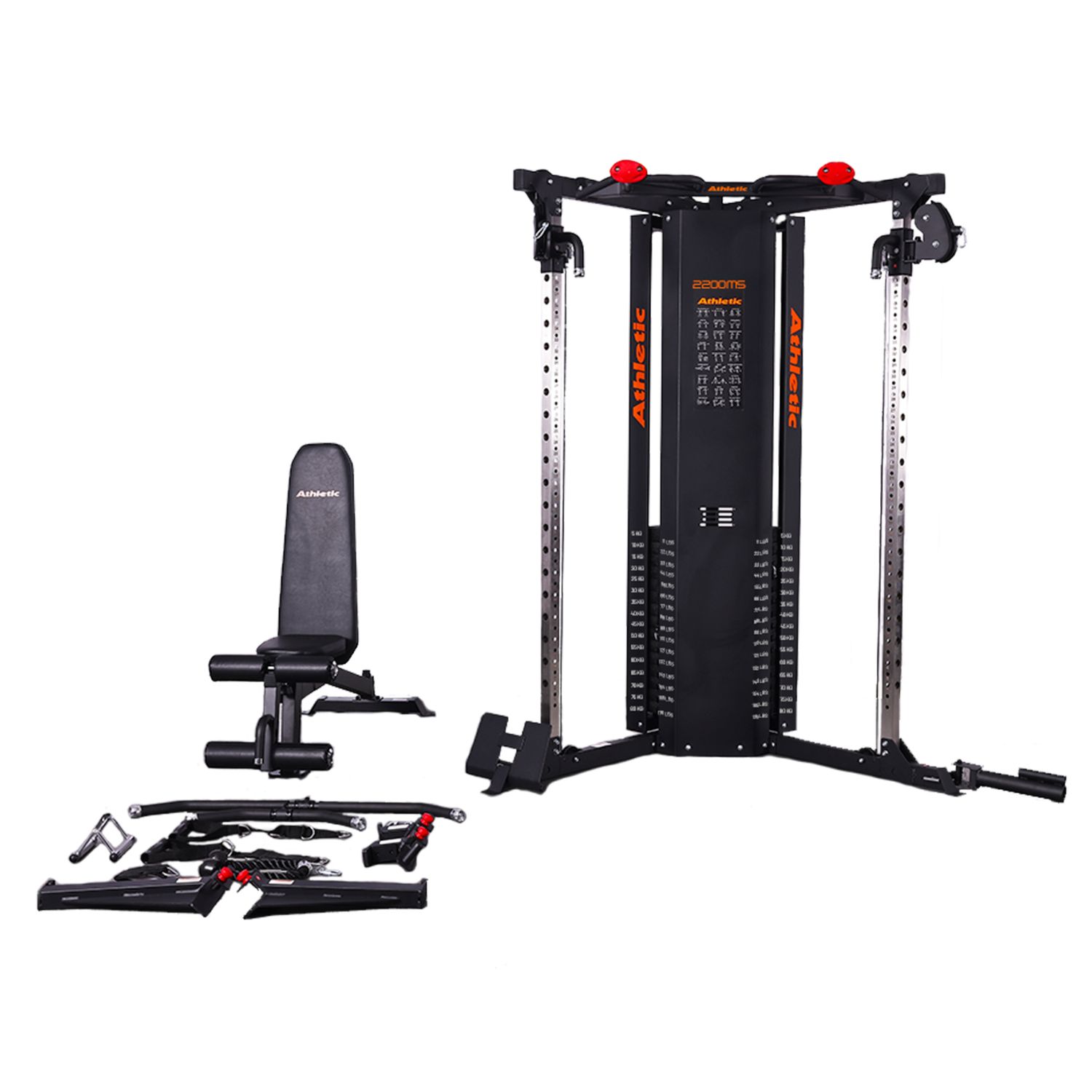Multigimnasio Polea Dual Premium 2200MS + Banco Multiposición 2 Torres x 80Kg Accesorios