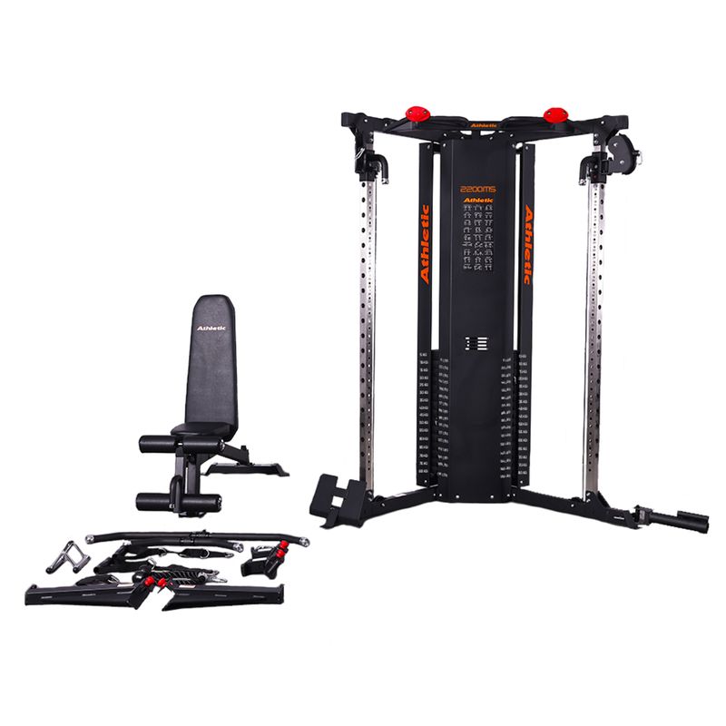 Multigimnasio Polea Dual Premium 2200MS + Banco Multiposición 2 Torres x 80Kg Accesorios