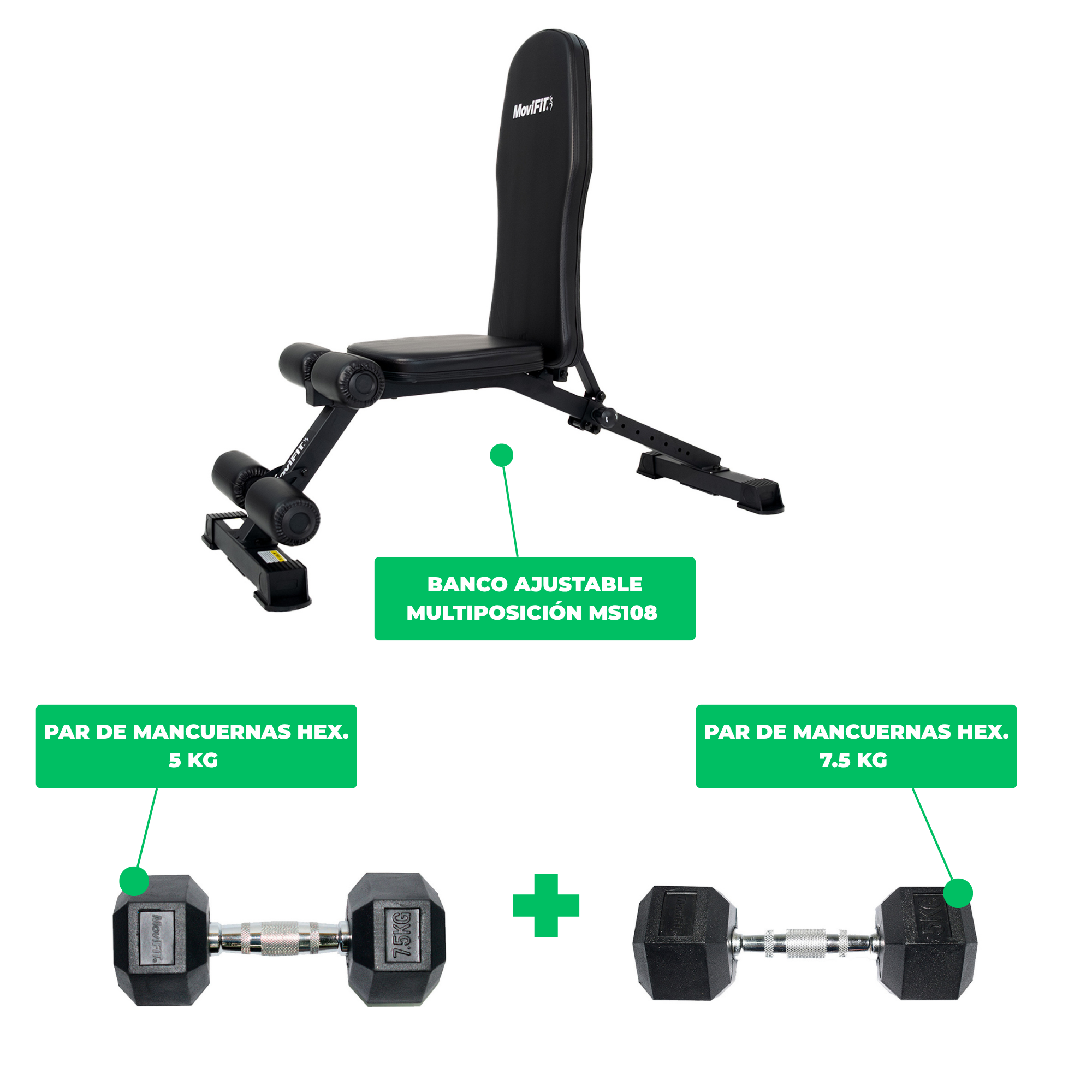 COMBO: Banco Multiposición Entrenamiento con Mancuernas MS108 Ajuste Plano, Inclinado, Declinado + Mancuerna Hexagonales de 5 KG + Mancuernas Hexagonales de 7.5 KG
