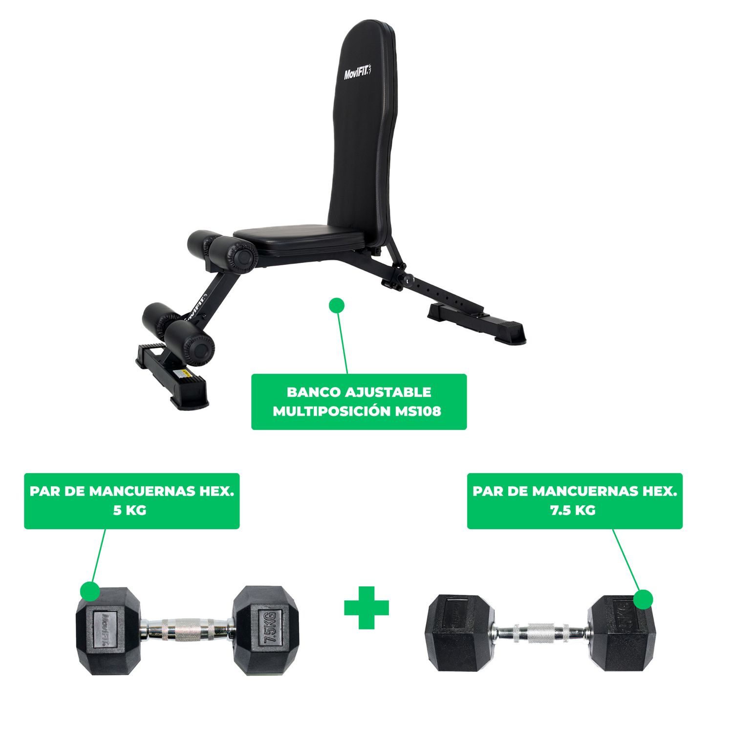 COMBO: Banco Multiposición Entrenamiento con Mancuernas MS108 Ajuste Plano, Inclinado, Declinado + Mancuerna Hexagonales de 5 KG + Mancuernas Hexagonales de 7.5 KG