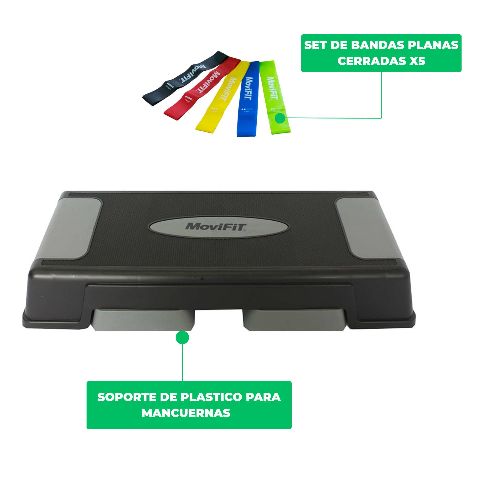 COMBO: Step para Aeróbicos Tres Niveles + Set de 5 bandas planas Cerrada