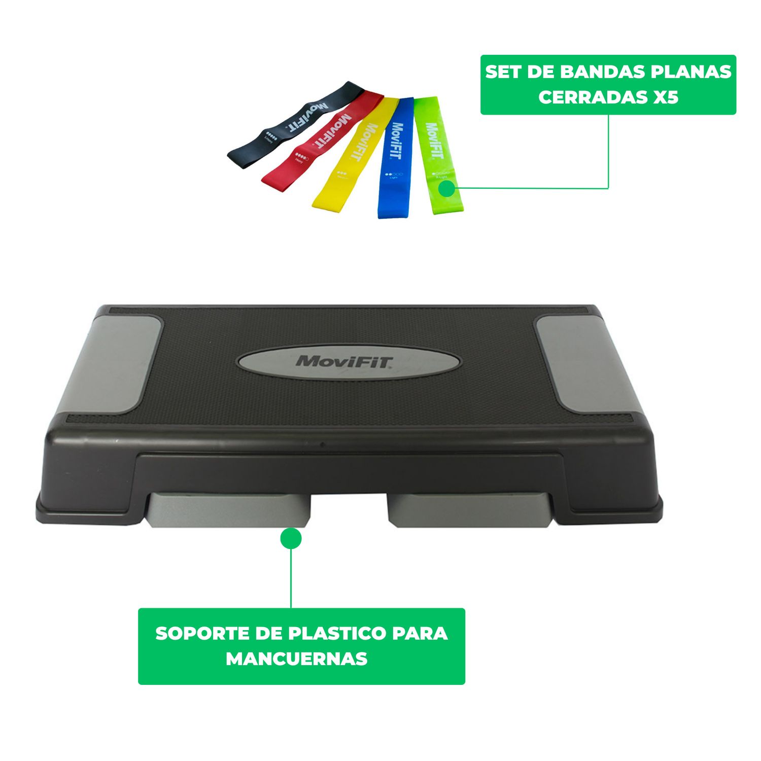 COMBO: Step para Aeróbicos Tres Niveles + Set de 5 bandas planas Cerrada