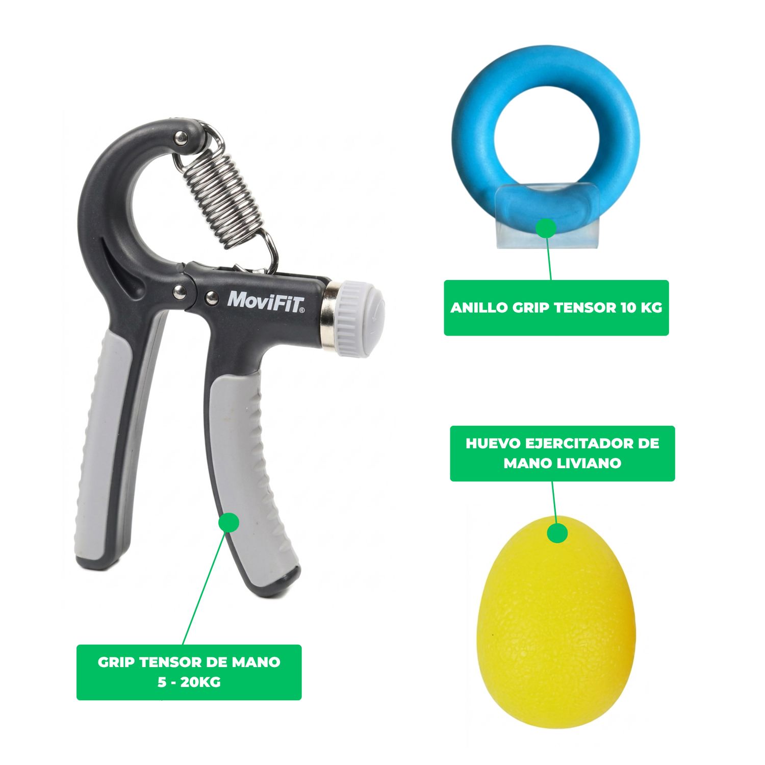 COMBO: Grip Ajustable 5-20 kg + Anillo Tensor + Huevo Ejercitador