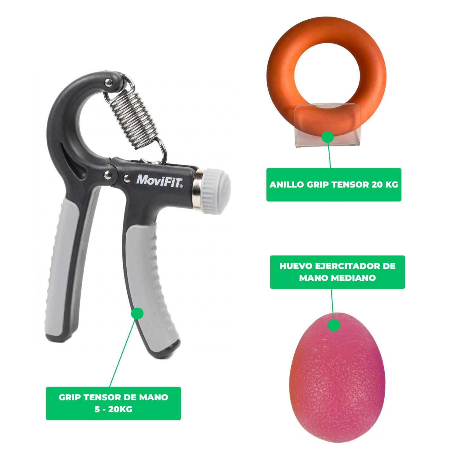 COMBO: Grip Ajustable 5-20 kg + Anillo Tensor + Huevo Ejercitador