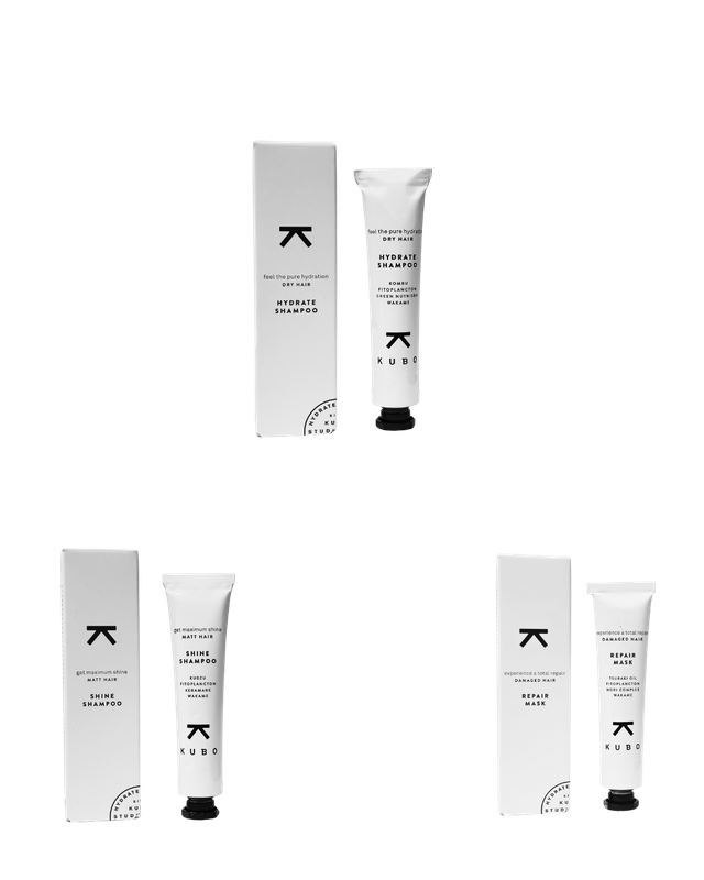 MiniKUBO TRAVEL Shampoo idratante + Shampoo lucidante + Maschera riparatrice