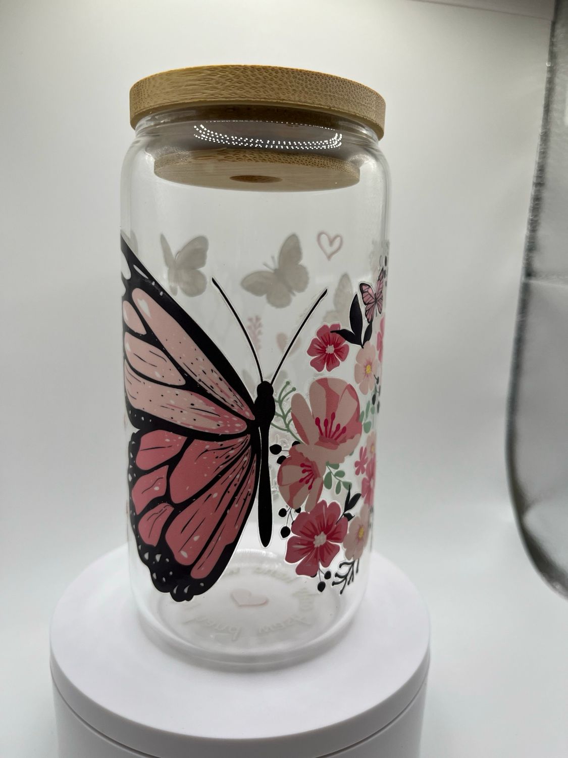 16 oz Glass Cup – Butterfly Design 🦋✨