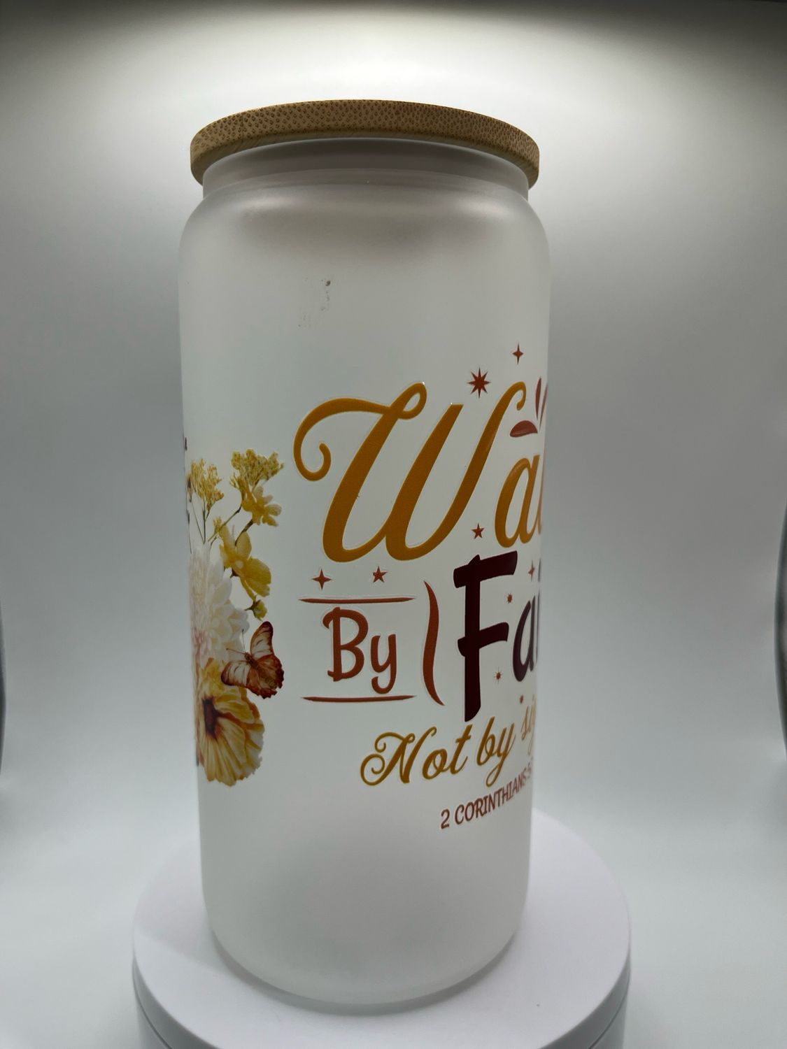 20 oz Glass Cup – Walk by Faith ✨👣