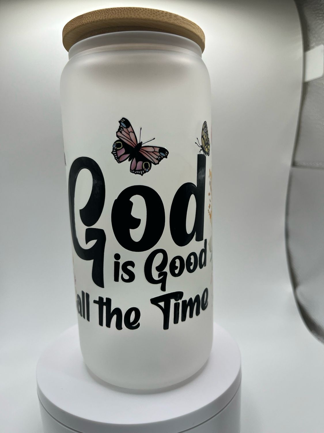 20 oz Glass Cup – God is Good All the Time ✝️🌞
