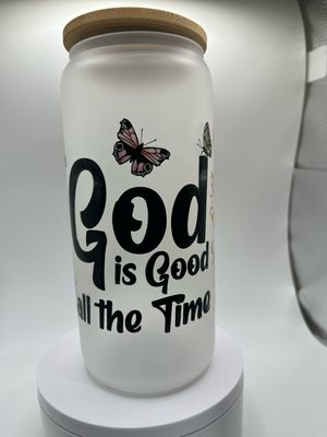 20 oz Glass Cup – God is Good All the Time ✝️🌞