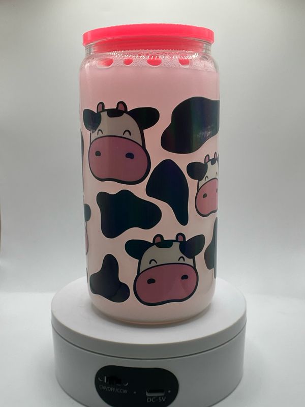 🐄 Pink Cow Snow Globe Glass Can – 16 oz ✨
