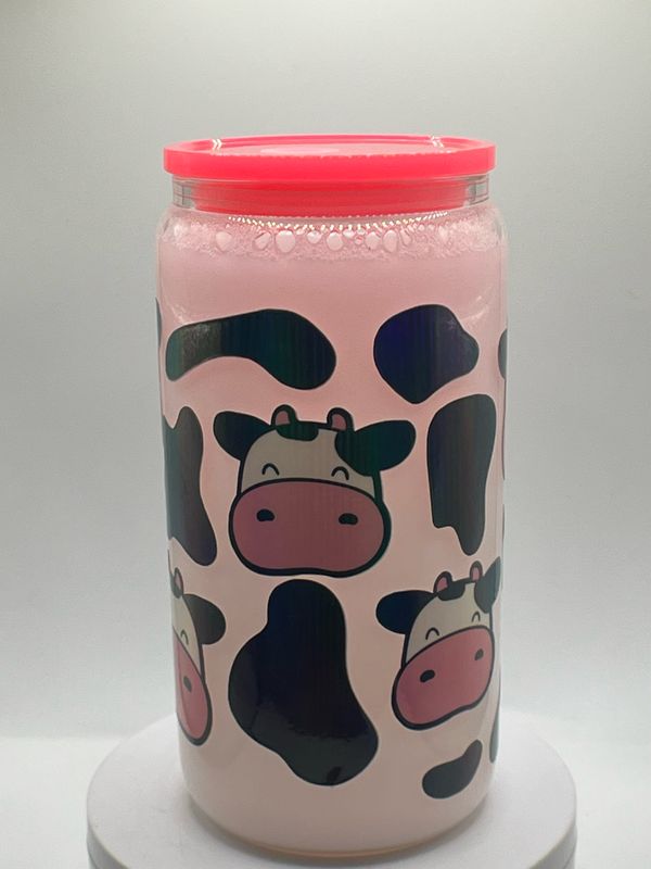 🐄 Pink Cow Snow Globe Glass Can – 16 oz ✨