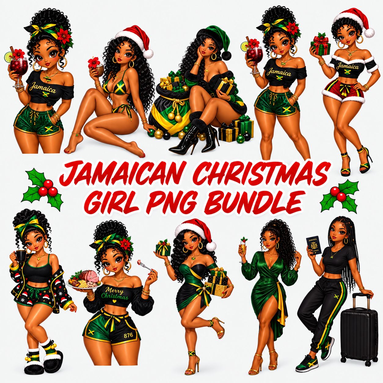 Jamaican Christmas Girl PNG Bundle – 10 Holiday Designs