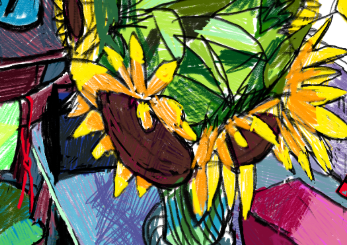 Box und Sonnenblumen