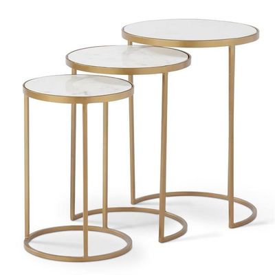 Set of 3 Nesting Tables Marble Top w/ Gold Accent