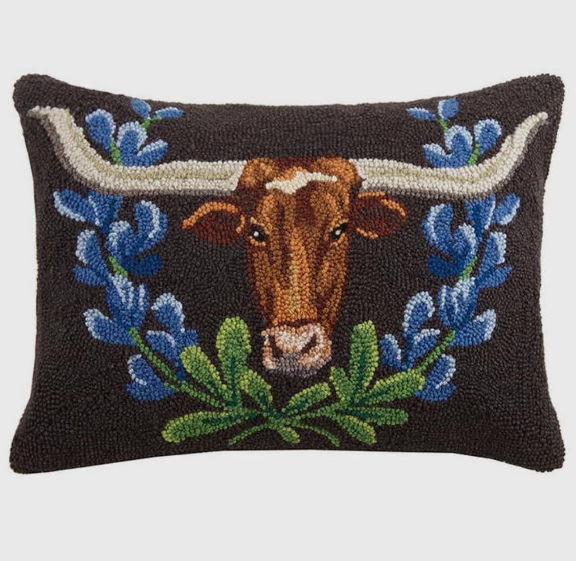 Longhorn &amp; Blue Bonnet Hook Pillow