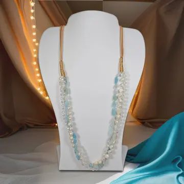 Freshwater Pearl, Crystals, Aquamarine &amp; Leather 3 Strand Necklace
