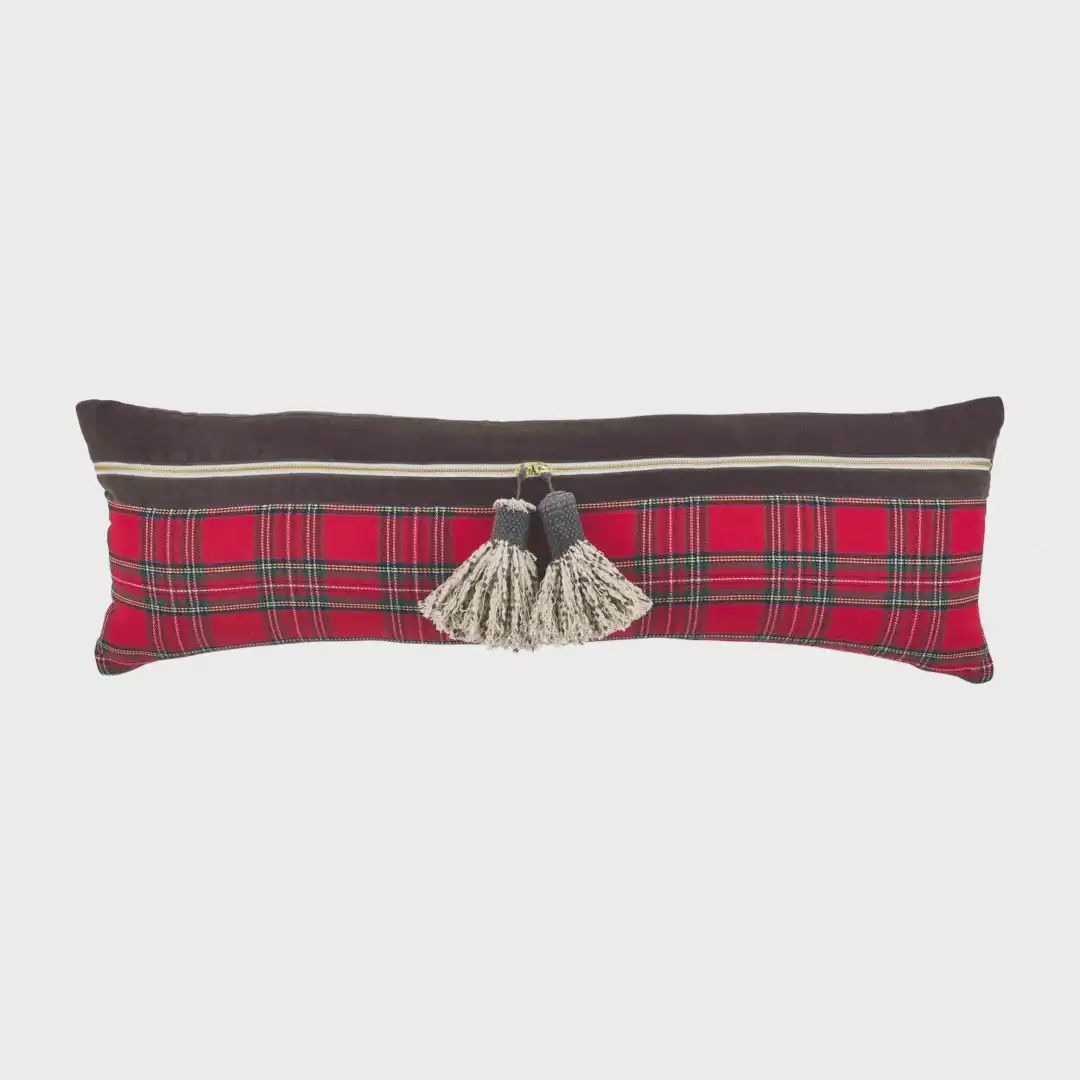 Red &amp; Black Velvet Tartan Lumbar Pillow