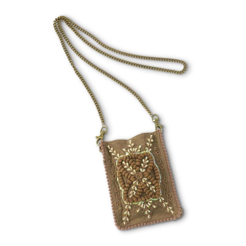 Brown Embroidered Cell Phone Crossbody Bag