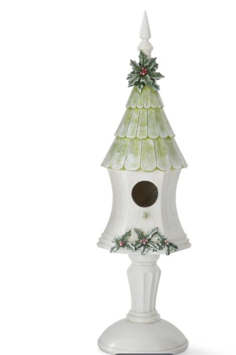 29.75&quot; Christmas White and Green Glittered Resin Birdhouse