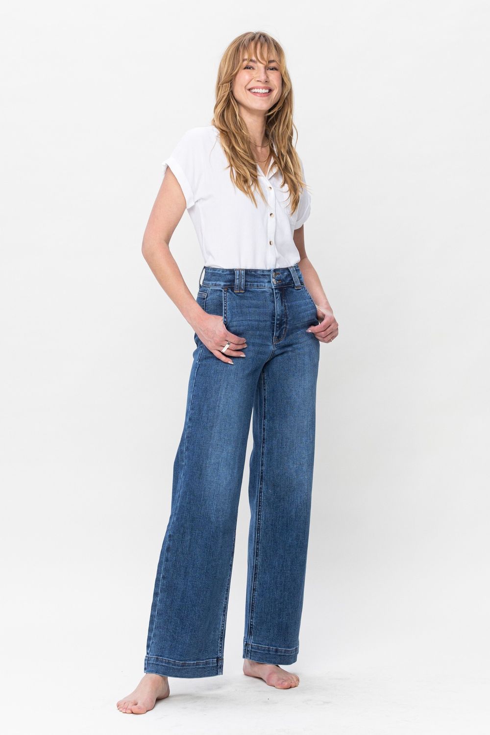 High Waist Double Button Wide Leg Jeans