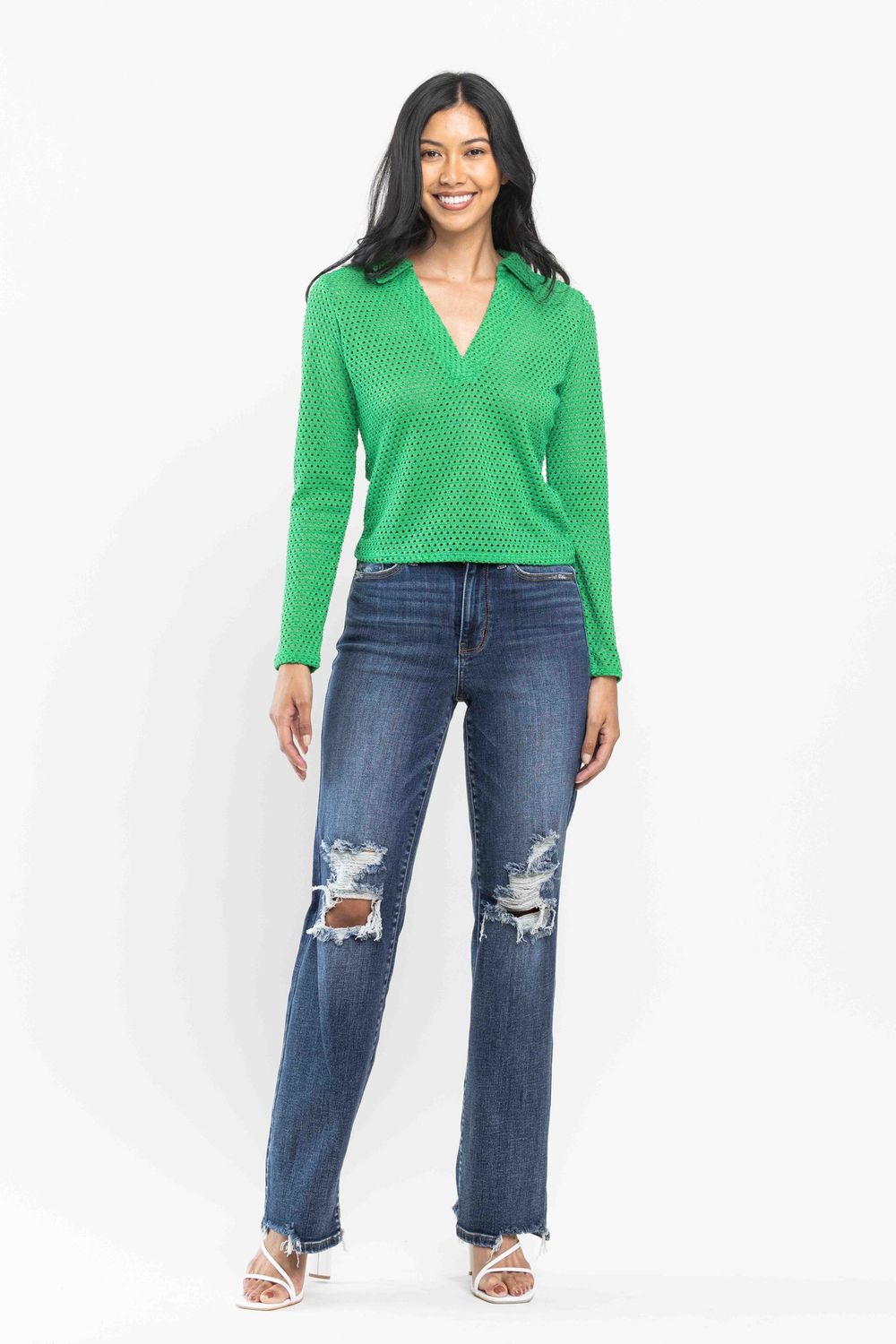 High Waist 90&#39;s Knee Destroy Straight Jean