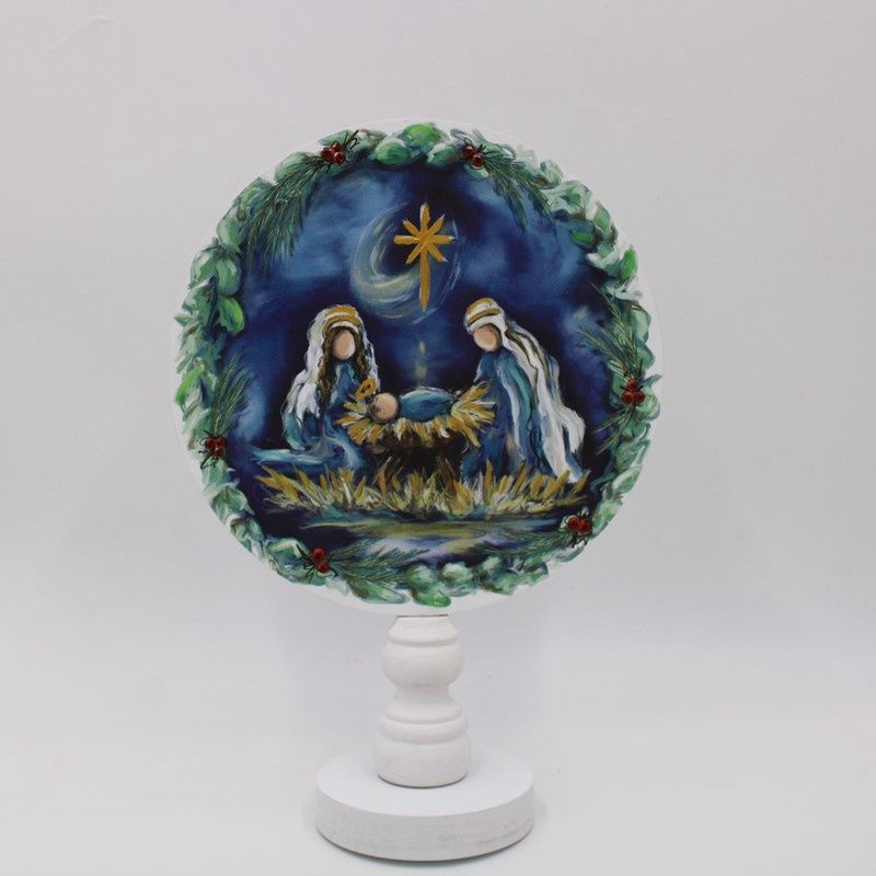 Round Nativity Wood Tabletop