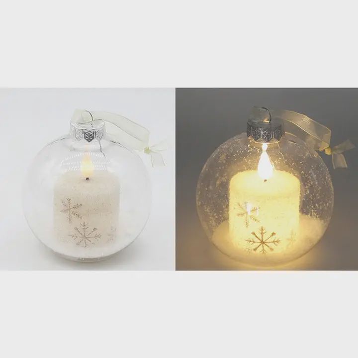 Small Plastic Ball Ornament w. Gold Snowflake LED Candle