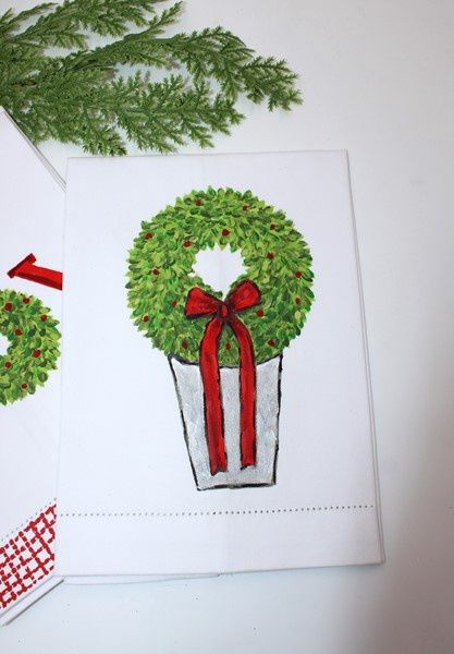 Hand Painted Topiary Tea Towel