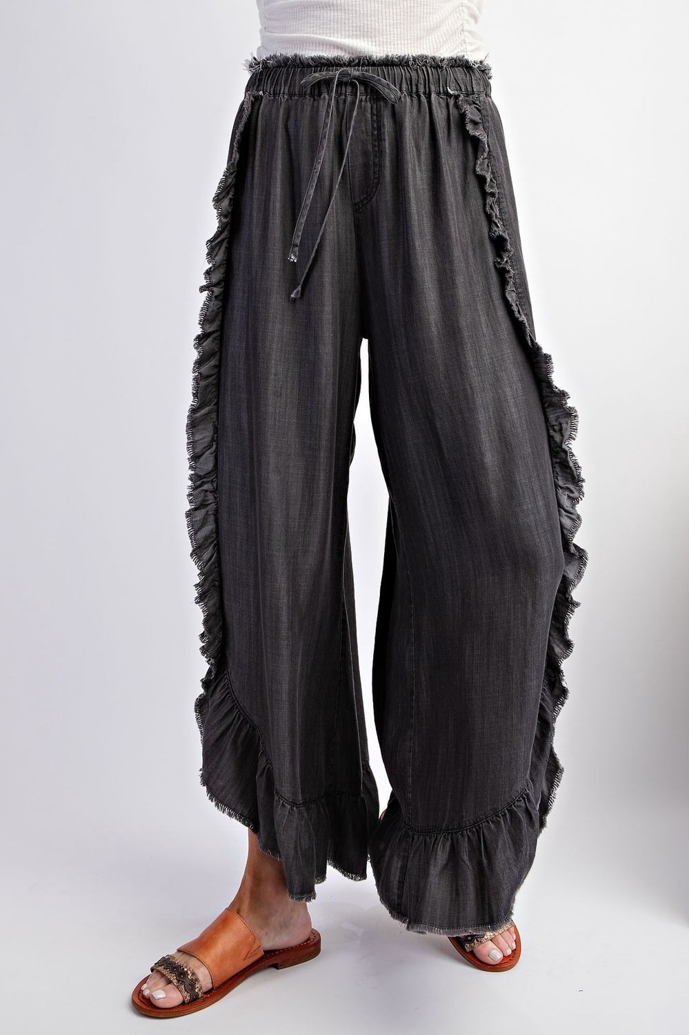 Washed Black Ruffle Chambray Pants