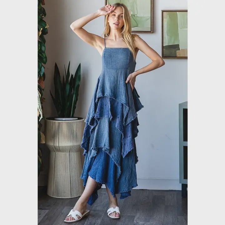 Mineral Washed Tiered Ruffle Hem Cami Maxi Dress