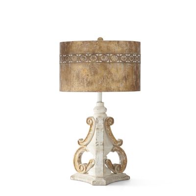 Weathered White &amp; Gold Tri Scroll Lamp