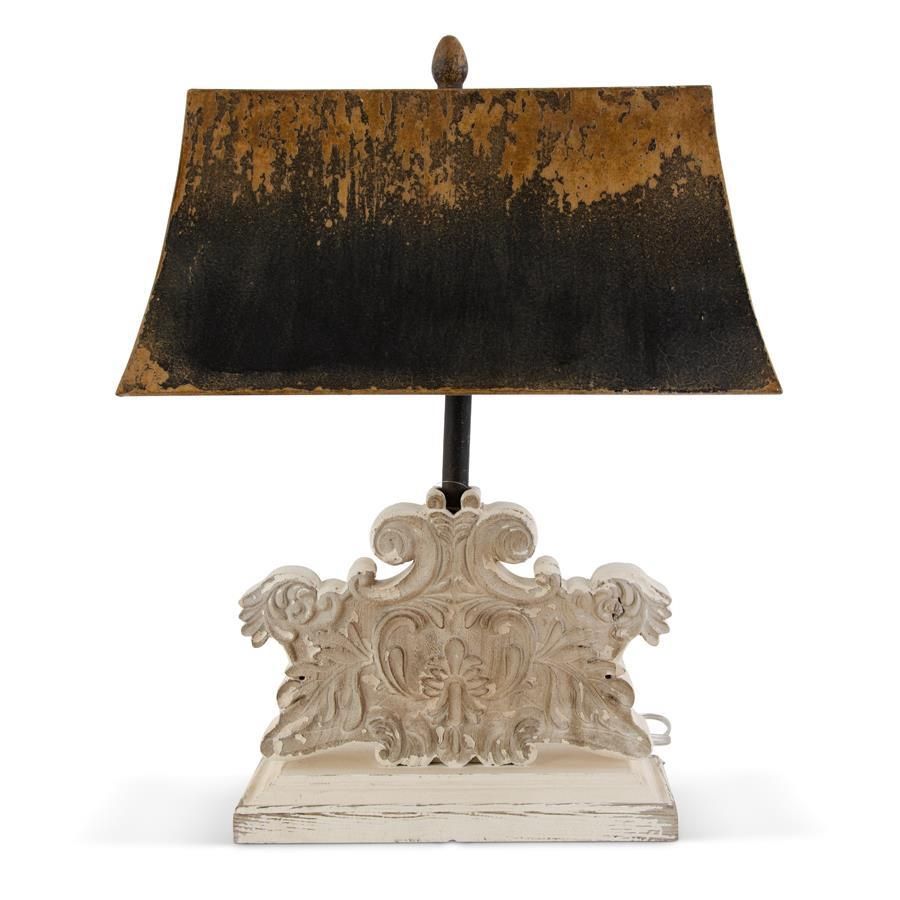 Distressed White Ornate Carved Wood Iron Shade lamp