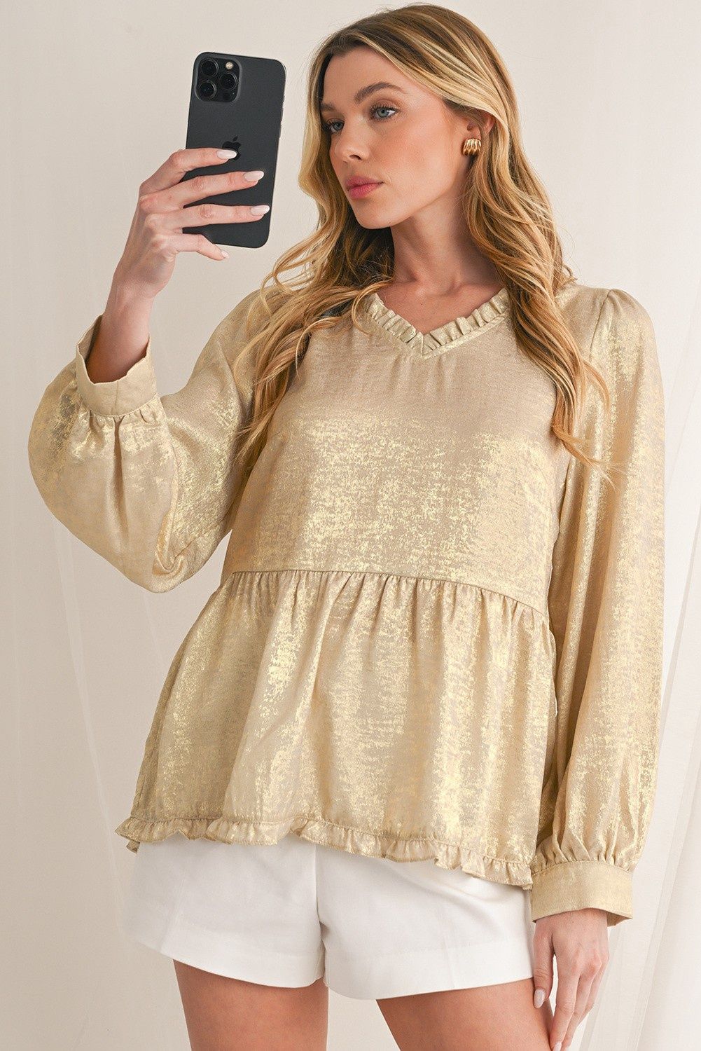 Metallic Babydoll Blouse, Size: Gold/Small
