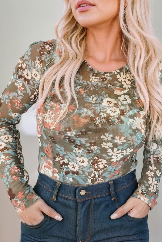 Floral Print Mesh Fitted Long Sleeve Top