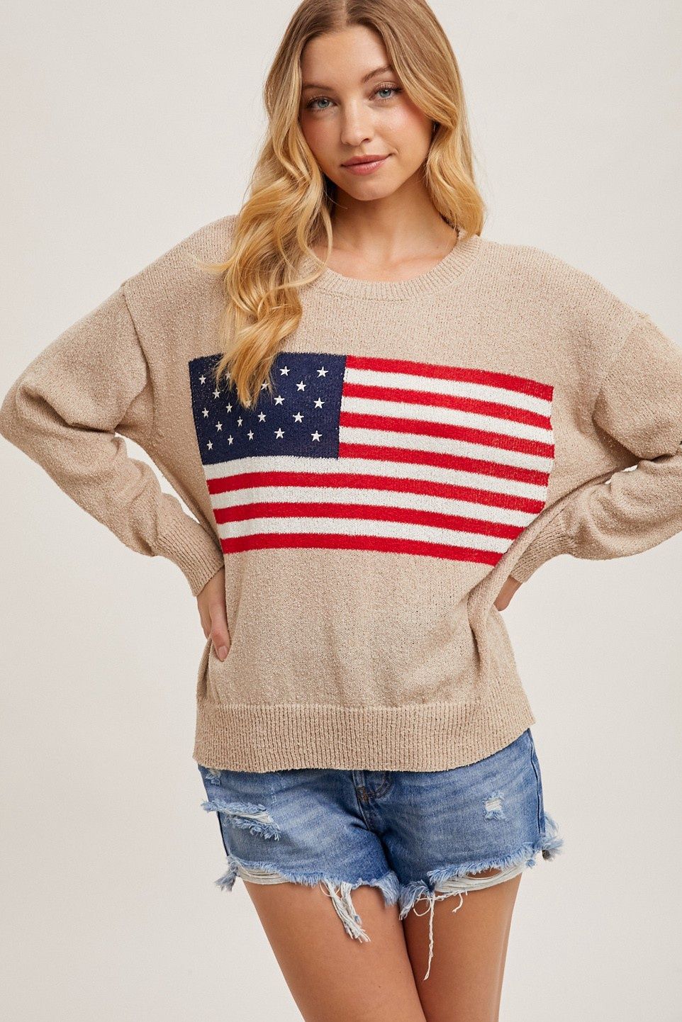 Beige Knit American Flag Sweater
