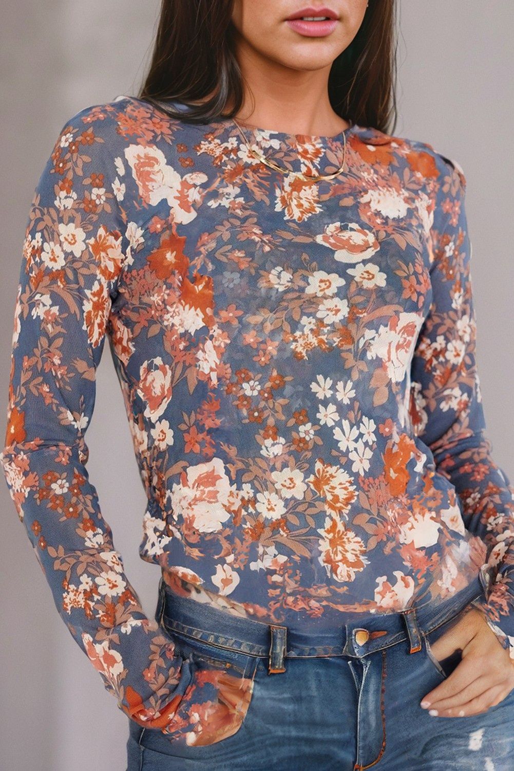 Floral Print Mesh Fitted Long Sleeve Top, Size: Blue XLarge