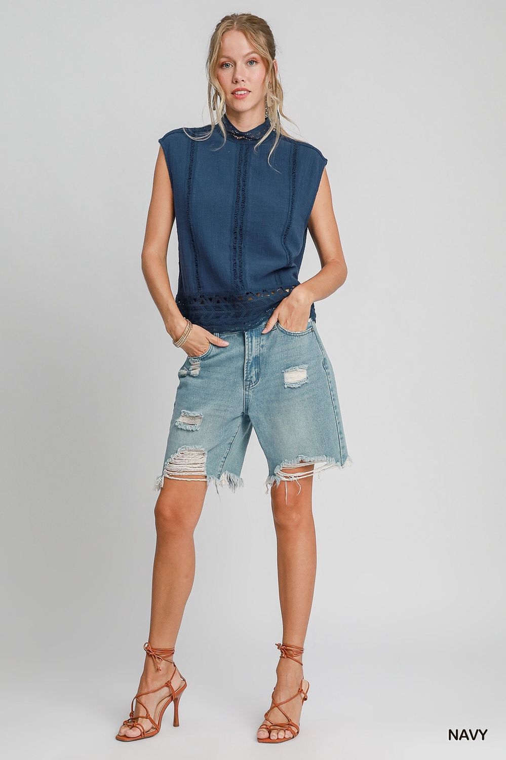 Button Back Sleeveless Knit Seam Top, Colour: Navy Large