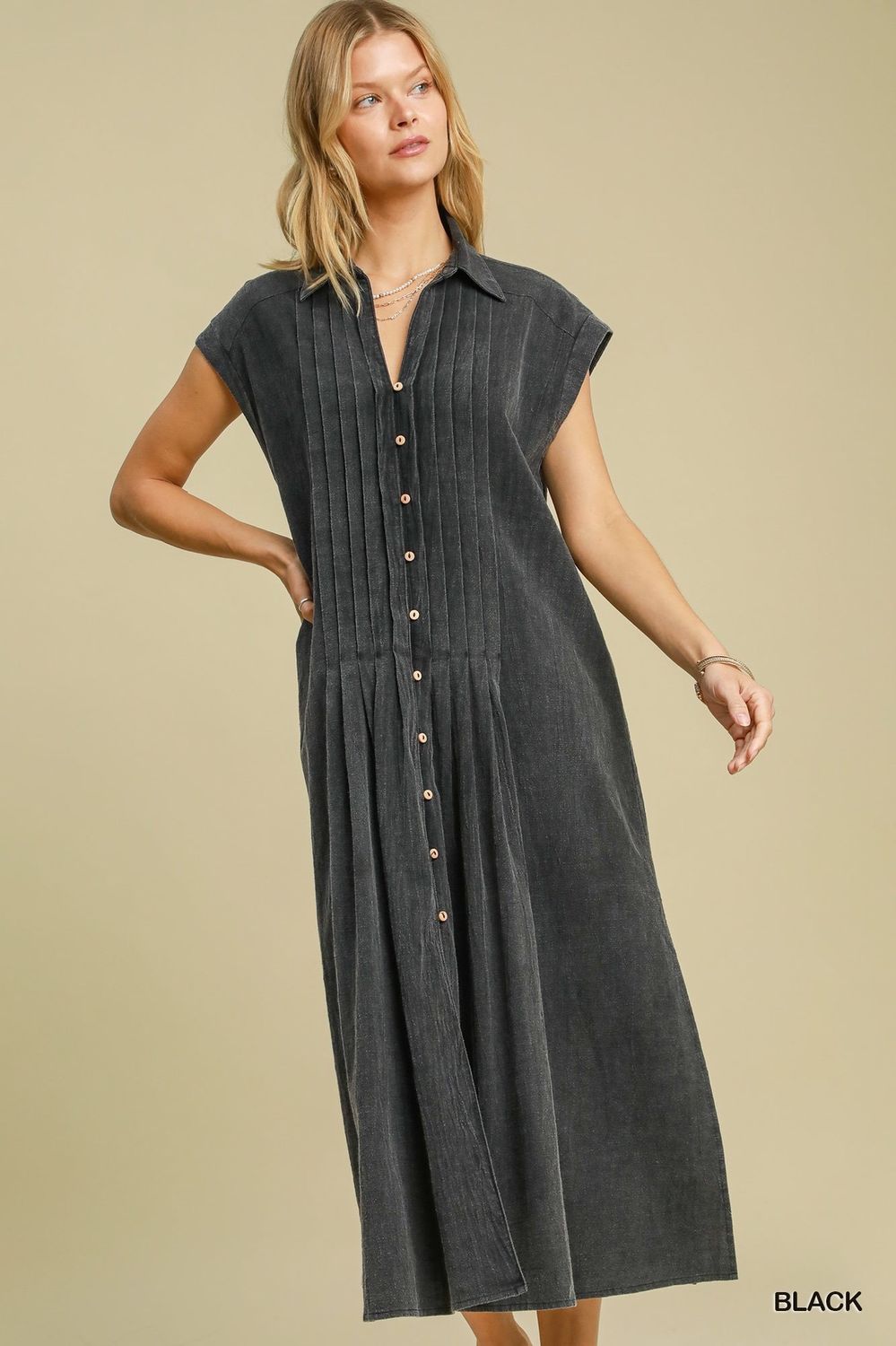 Black Denim Pleated Button Down Midi Dress