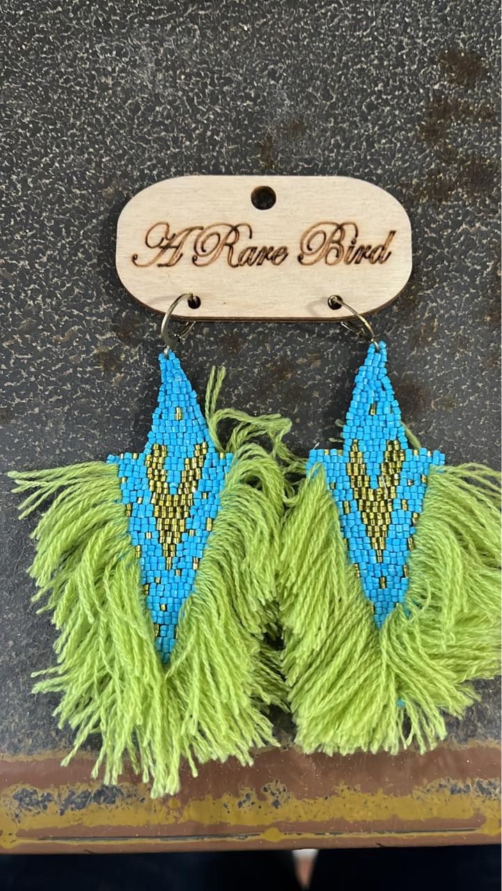 Blue Diamond Beaded Earring with Lime Green Fringe
