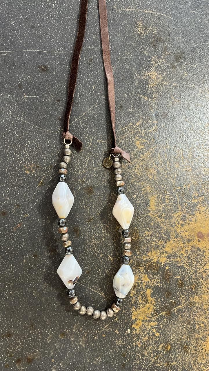 Marble Beaded Brown Leather Strap Necklace