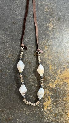 Marble Beaded Brown Leather Strap Necklace